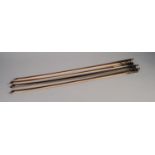 VIOLIN BOW STAMPED TECHLER with wire bound stick and THREE OTHER BOWS, one stamped Homa