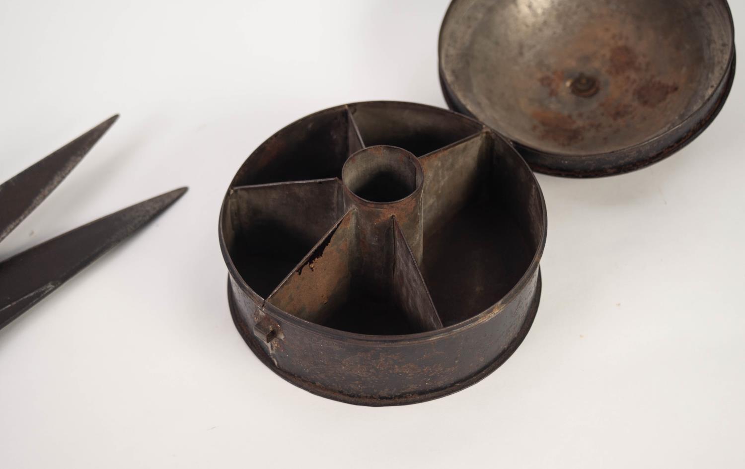 CIRCULAR DOME TOPPED SPICE BOX with divided interior, 6 3/4" (17cm) diameter, also a pair of IRON - Image 2 of 2