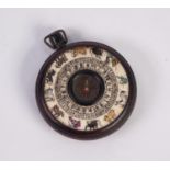 UNUSUAL EARLY 20th CENTURY CHINESE INSCRIBED BONE AND HARDWOOD YEAR CALENDAR of pocket watch shape