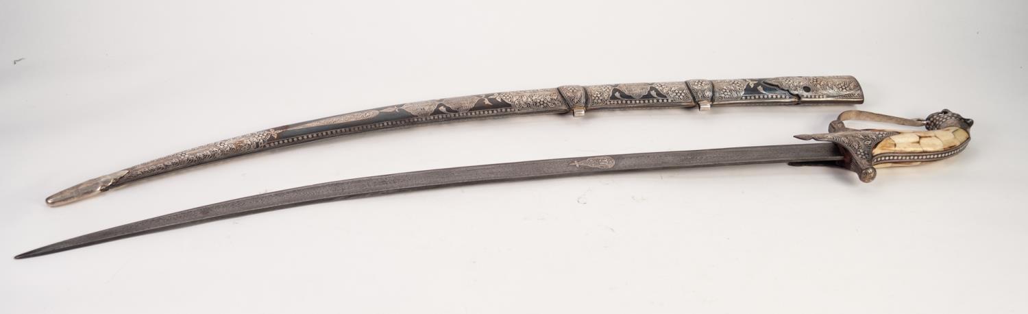 GOOD 20th CENTURY COPY OF AN INDIAN SHAMSHIR with curved blade, the hilt with inlet sectional bone - Image 3 of 5