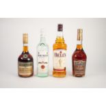 FOUR BOTTLES OF SPIRITS: BELL?S SCOTCH WHISKY (1 ltr), THREE BARRELS BRANDY, MARTELL COGNAC and