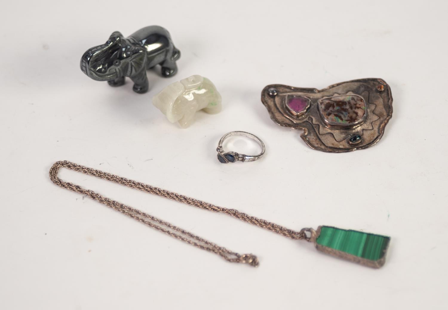 A selection of gem set jewellery and carvings To include a boulder opal, watermelon tourmaline and