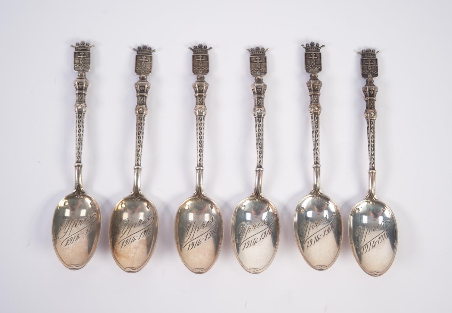 SET OF SIX FRENCH EARLY 20th CENTURY GOTHIC PATTERN SILVER COFFEE SPOONS, with town crest finial, - Image 2 of 2