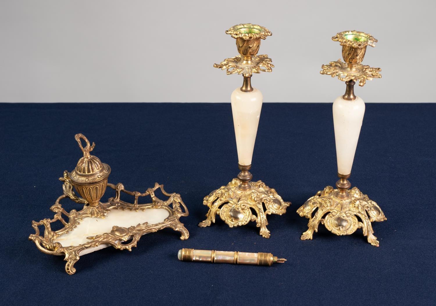 PAIR OF FRENCH GILT METAL MOUNTED ALABASTER DESK CANDLESTICKS, each with tapering column, urn shaped - Image 2 of 2