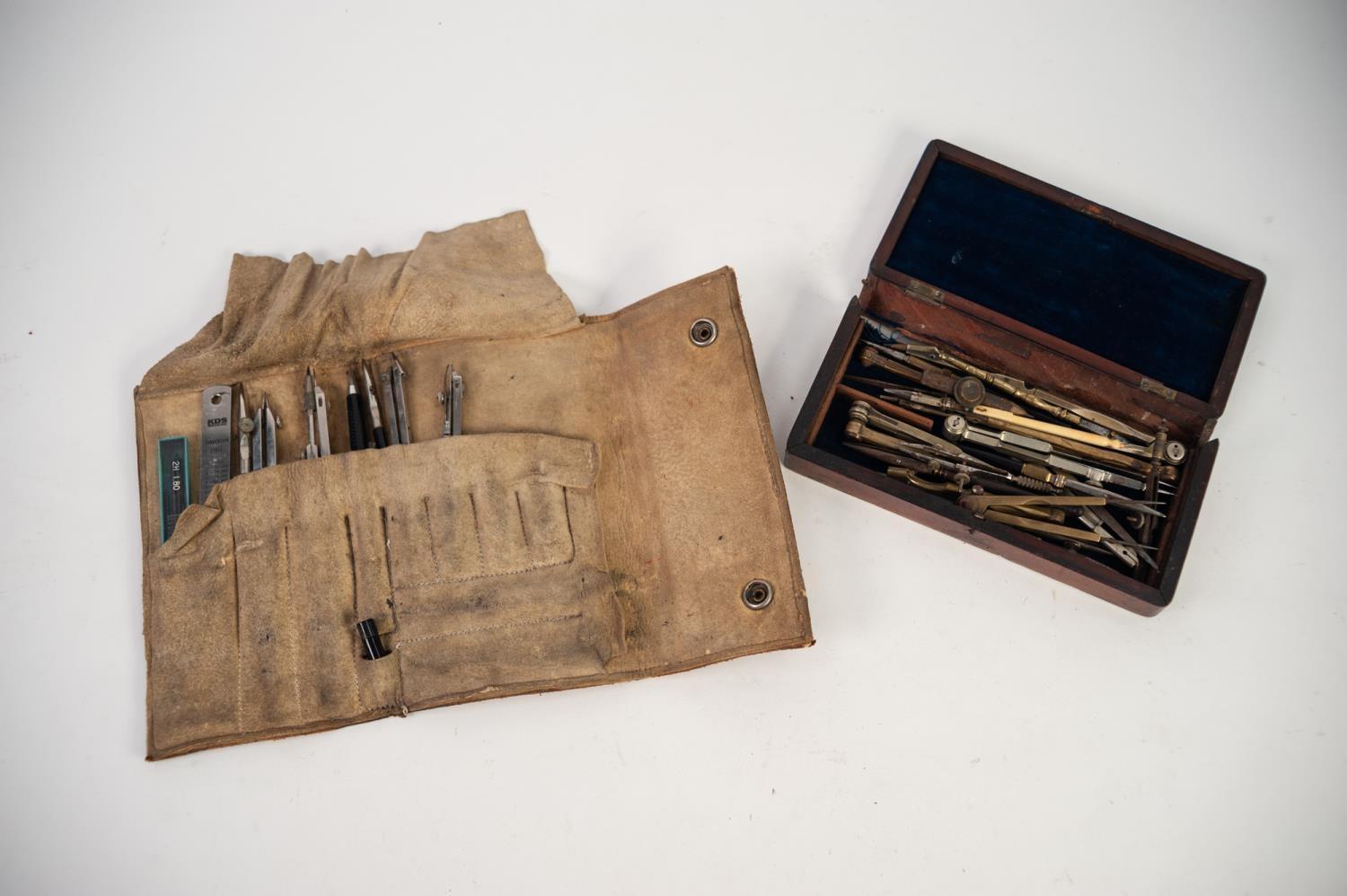 MAHOGANY BOX OF ASSOCIATED DRAWING INSTRUMENTS, also a soft leather POUCH OF DRAWING INSTRUMENTS (2)