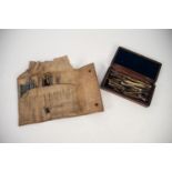 MAHOGANY BOX OF ASSOCIATED DRAWING INSTRUMENTS, also a soft leather POUCH OF DRAWING INSTRUMENTS (2)