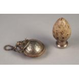 SMALL MOTTLED BROWN PAINTED PORCELAIN SIMULATED BIRDS EGG SCENT BOTTLE with hallmarked silver