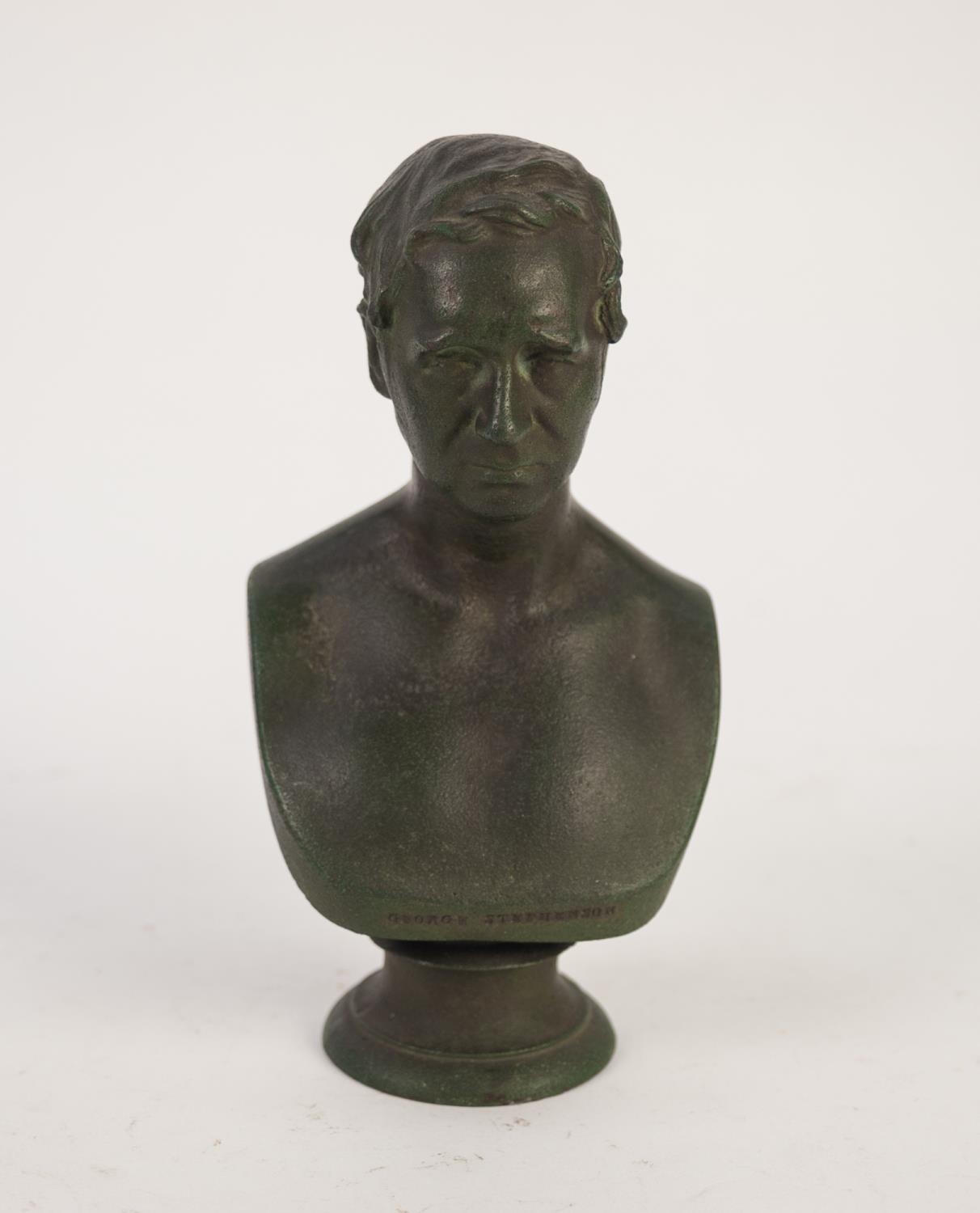 19th CENTURY GREEN PATINATED SOLID CAST BRONZE BUST OF GEORGE STEPHENSON, on integral waisted socle,