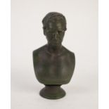 19th CENTURY GREEN PATINATED SOLID CAST BRONZE BUST OF GEORGE STEPHENSON, on integral waisted socle,