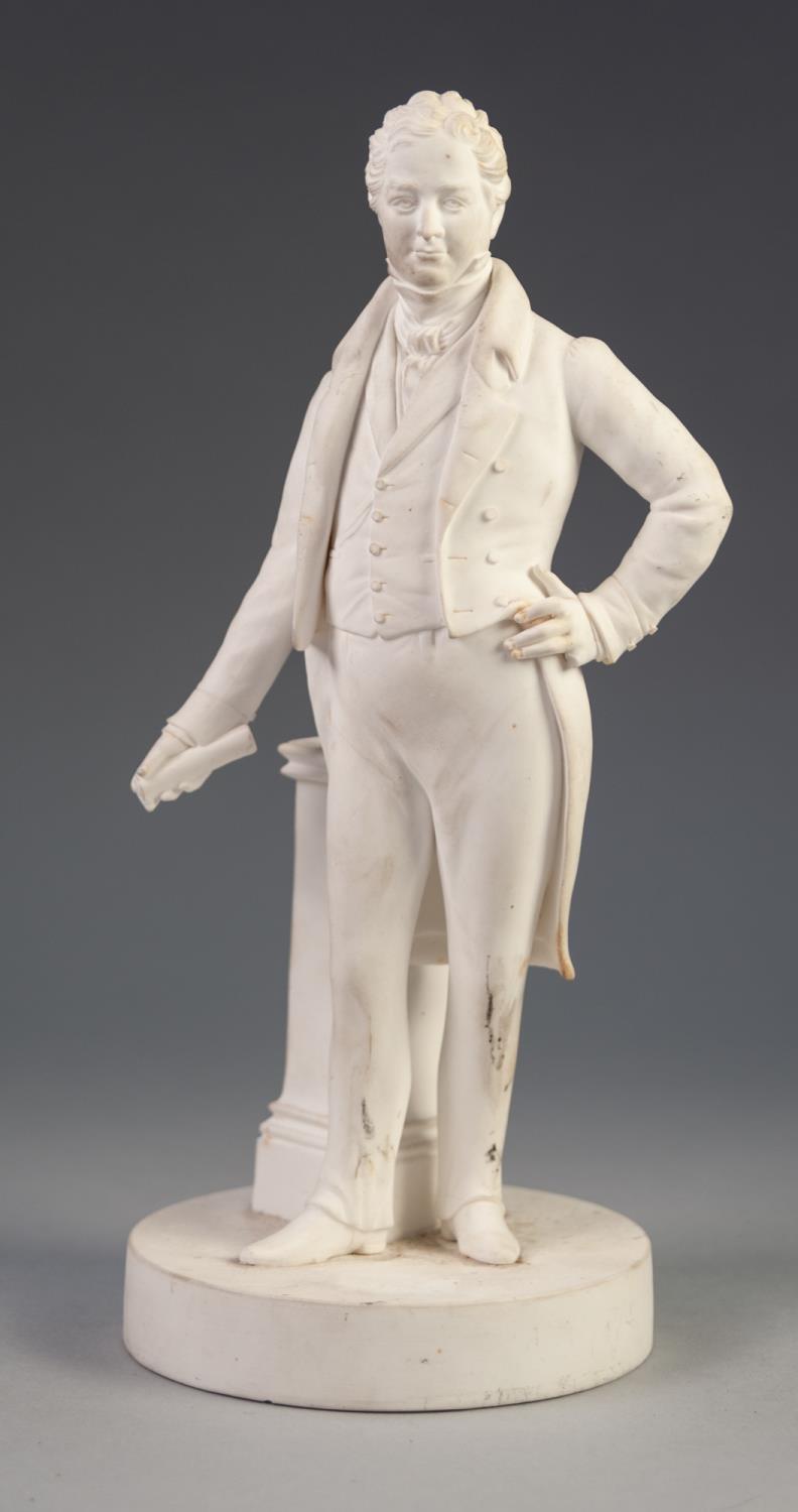 GOOD MID 19th CENTURY PARIAN WARE STANDING FIGURE OF THE Rt HONOURABLE ROBERT PEEL beside a plinth