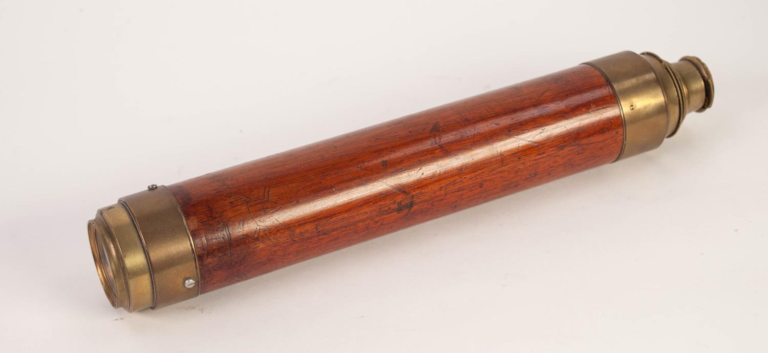 A MAHOGANY AND BRASS TWO DRAW TELESCOPE. 36" EXTENDED