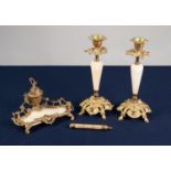PAIR OF FRENCH GILT METAL MOUNTED ALABASTER DESK CANDLESTICKS, each with tapering column, urn shaped