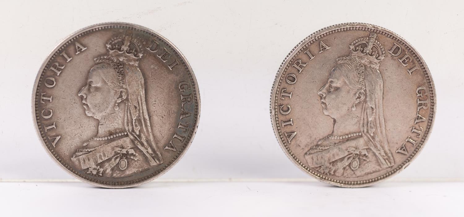 VICTORIA SILVER DOUBLE FLORIN 1889 (EF) but dents to edges and ANOTHER 1887 (VF) (2)