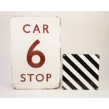 MAROON ON WHITE ENAMEL RAILWAY SIGN 'CAR 6 STOP' oblong 18" (45.7cm) x 12" (30.5cm) and a BLACK
