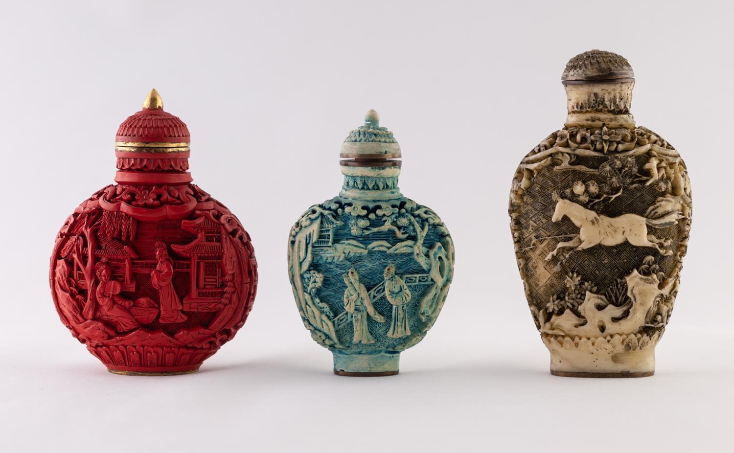 A CHINESE CARVED CINNABAR LACQUER SNUFF BOTTLE with opposing panels of mei-jen in terraced gardens