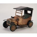 MID 20th CENTURY BATTERY POWERED LITHOGRAPH TIN PLATE MODEL OF A TWO SEATER SOFT TOP VETERAN CAR