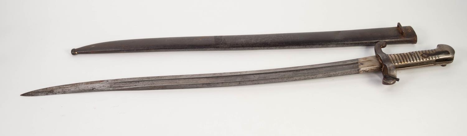 FRENCH MID 19th CENTURY SABRE BAIONNETTE MLE 1842T having 22 1.2" (57.2) single edge scrolled - Image 2 of 2