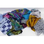 SEVEN PURE SILK SCARVES by Richard Allan x 2, Beckford, Jaeger etc, a PLAIN BLUE PASHMINA and 30%