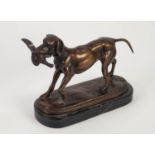 PRE WAR BRONZE FIGURE OF A HOUND DOG with front paw raised and holding a pheasant in its mouth to