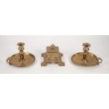VICTORIAN ORNATE BRASS INKWELL, square, waisted form with pierced sides, knopped cover and white pot