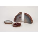 PAIR OF GEODE BOOKENDS, a geode PIN TRAY and STAND (4)