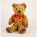 MID 20th CENTURY ENGLISH TEDDY BEAR in long golden plush with felt nose, stitched mouth and glass
