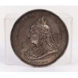 LARGE PLATED METAL COMMEMORATIVE MEDALLION VICTORIA 1897 obverse bust with laurel wreath reverse