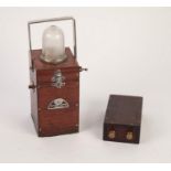 NIFE BATTERIES (REDDITCH) MAHOGANY CASE LANTERN WITH OPAQUE GLASS DOME TOP AND REPLACED METAL