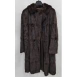 LADY'S DARK BROWN SQUIRREL FUR FULL-LENGTH COAT with shawl collar, hook fastening front, slit