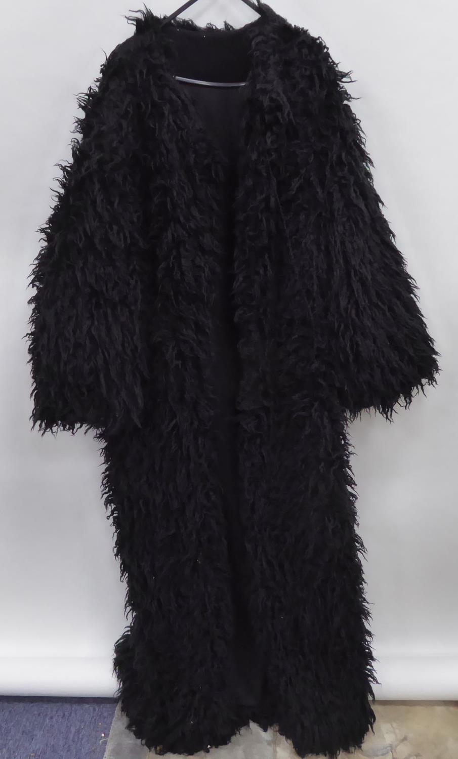 LADIES BLACK WOOL SHEEP STYLE FULL LENGTH REVERSIBLE COAT, GREEN STONE AND BLACK FULL LENGTH