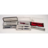 FOUR MODERN BOXED PARKER PENS, including a SONNET STAINLESS STEEL TWO PEN SET, together with a