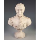 RECONSTITUTED MARBLE BUST OF THE DUKE OF WELLINGTON in military/ceremonial attire raise on a waisted
