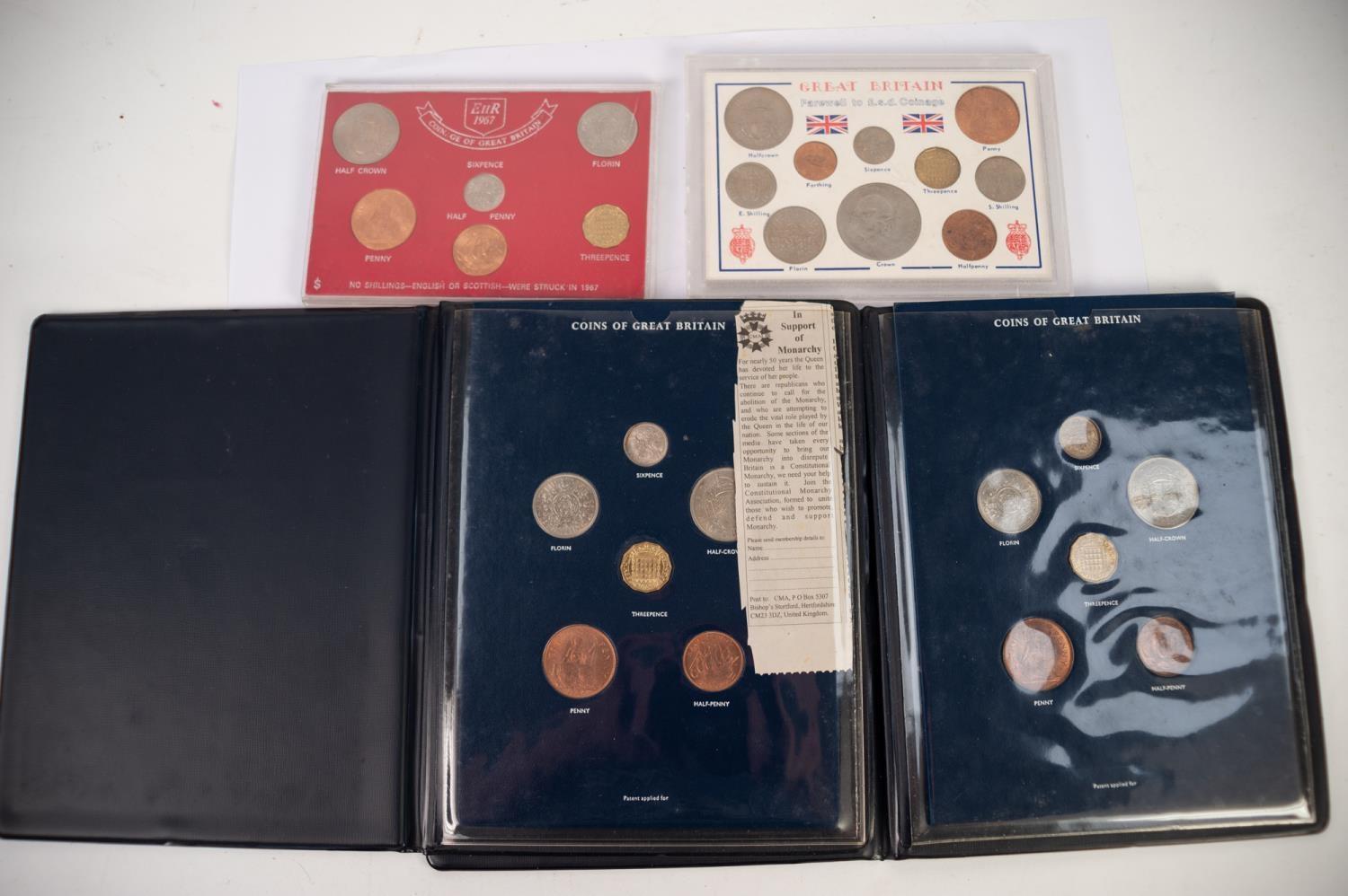 THREE QUEEN ELIZABETH II SPECIMEN COIN SETS FOR 1967 two each of five coins in blue plastic