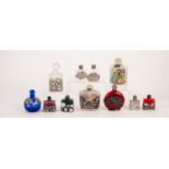 TWO CHINESE INTERNALLY PAINTED GLASS PERFUME BOTTLES, also 9 MODERN METAL MOUNTED GLASS SCENT