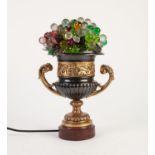 20th CENTURY CONTINENTAL 'BRONZED' AND GILDED METAL CAMPANA SHAPE TWO HANDLED VASE, as an electric