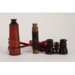 COPY OF KELVIN HUGHES LONDON 1917 BRASS THREE DRAW TELESCOPE with extending lens hood brown