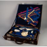 LEATHER CASE CONTAINING A SET OF MASONIC REGALIA FOR THE 'EAST LANCASHIRE' LODGE with embossed