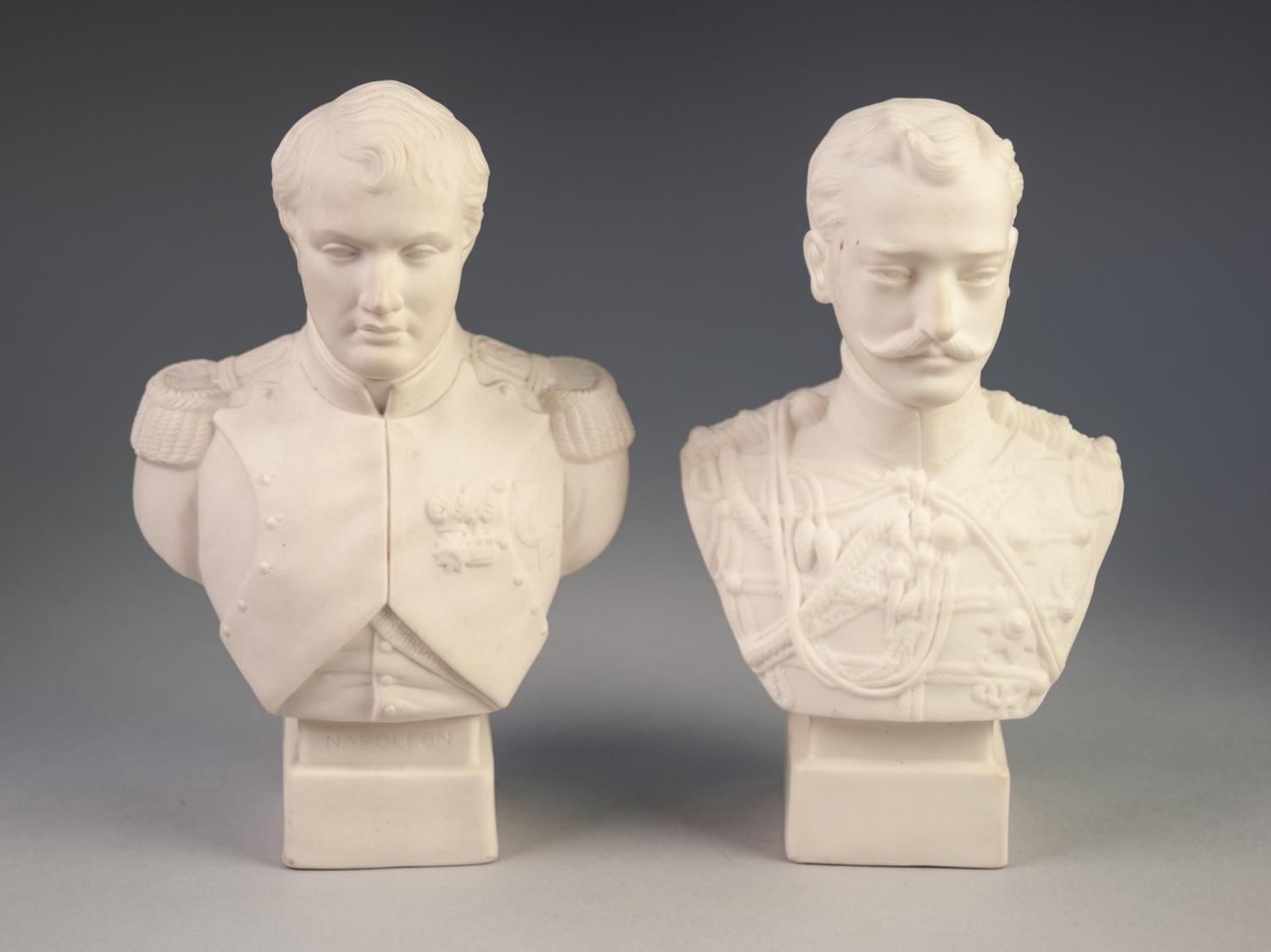 ROBINSON & LEADBEATER PARIAN WARE BUST OF NAPOLEON on square plinth, impressed R&L, 7 3/4" (19.