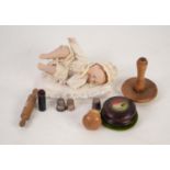 SMALL BISQUE DOLL and sundry SEWING REQUISITES