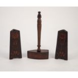 LARGE HARDWOOD GAVEL with wedge shape top, a pair of poker work incised tapered triangular WOODEN