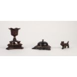VICTORIAN CAST IRON COUNTER BELL with tri-form openwork base (repairs) DARK BRONZE PATINATED CAST