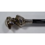 EBONISED WALKING STICK WITH CONTINENTAL .925 STAMPED WHITE METAL HANDLE cast in the form of a female