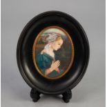 AFTER F. LIPPI PORTRAIT MINIATURE 'Virgin of the Pearls' oval 3 1/2" x 2 1/2" in ebonised frame