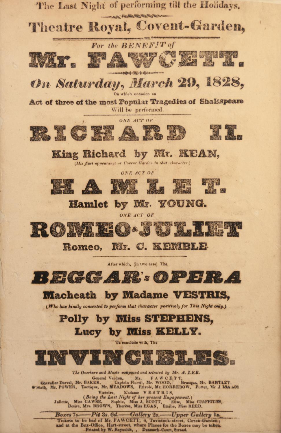 1828 THEATRE ROYAL, COVENT GARDEN BILL POSTER 'For the Benefit of Mr Fawcett', printed in black