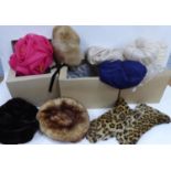LADY's DARK BROWN BEAVER LAMB HAT, a PASTEL DYED SHEEPSKIN BONNET, seven other lady's hats and two
