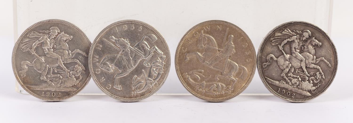 TWO GEORGE V SILVER CROWN COINS 1935 (VF) and TWO OTHERS 1902 showing some wear to high spots (4)