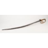 INDIAN SWORD, with curved blade and lion mask capped brass grip and pierced guard, the blade,