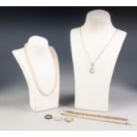 THREE PASTE SET COSTUME RINGS, an IMITATION PEARL NECKLACE, TWO PLATED BRACELETS and a FINE CHAIN