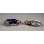 VICTORIAN FACET CUT BLUE GALSS DOUBLE NEDED VINAIGRETTE AND SCENT BOTTLE, horn shaped with white