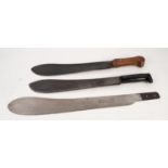 TWO MACHETES, one with ebonised handle, the other stained oak, 19 ¾? (50.2cm) long overall, together